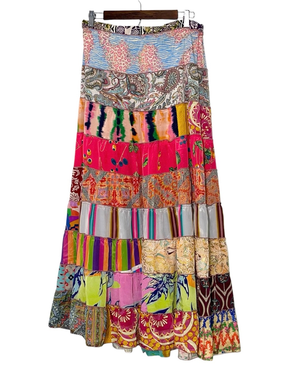 Karma Highway Bohemian Patchwork Maxi Skirt Tiered Maximalist Print One Size